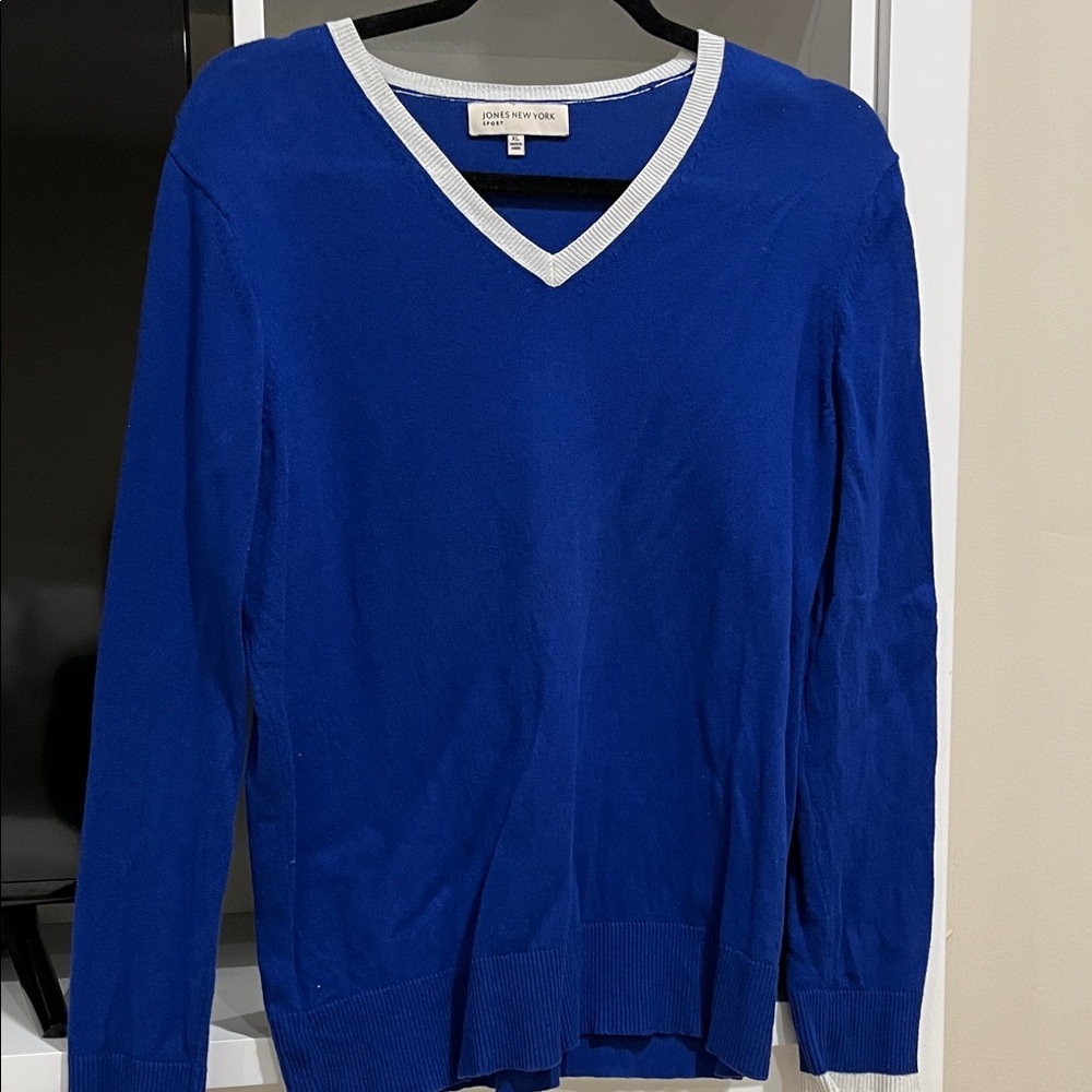Jones New York Cobalt Blue V-Neck Sweater with White Trim
